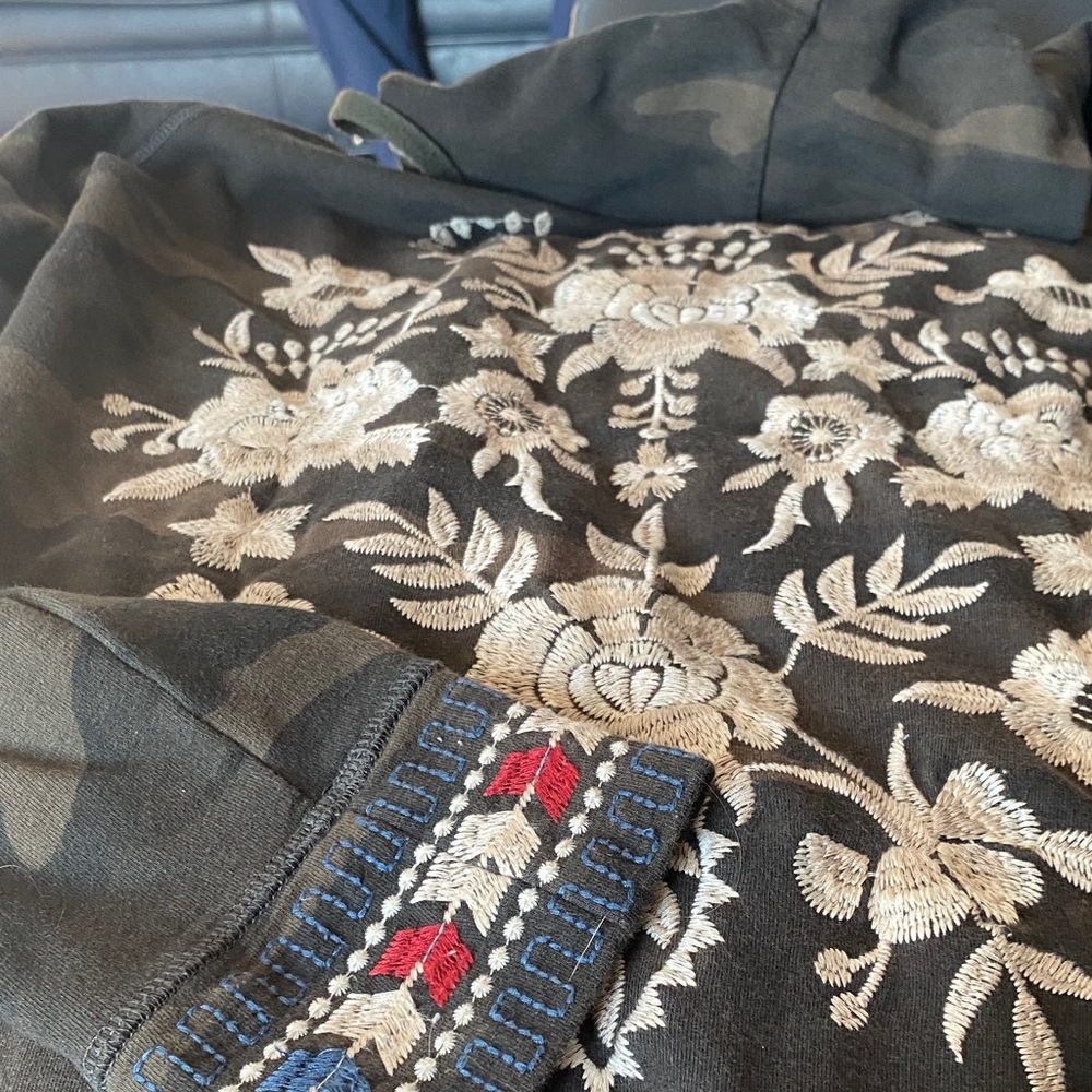 Johnny Was Camouflage Jacket with Floral Embroidery